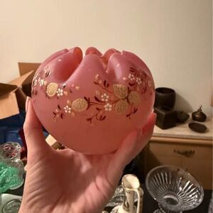 70s Vintage Hand-Painted Pink Satin Glass Rose Bowl